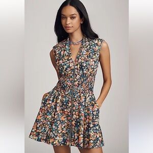 Anthropologie The Tommie Cap-Sleeve Smocked Front-Zip Shirt Dress Sz XXS NWT